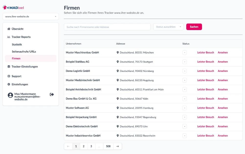 Firmenliste mit erkannten Unternehmen und Adressen